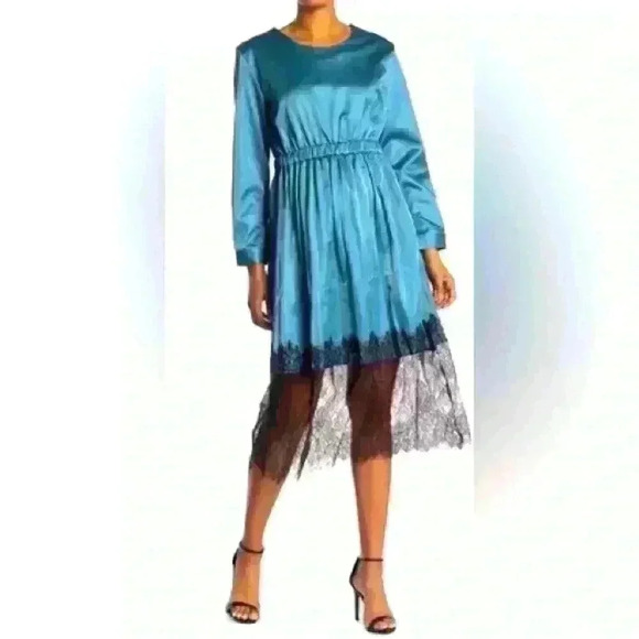 NWT! Tov Faux Leather Long Sleeve Lace Hem Dress - Picture 1 of 8